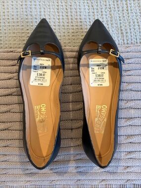 Salvatore Ferragamo Black Leather Pointed Mary Jane Flats with Gold Buckles